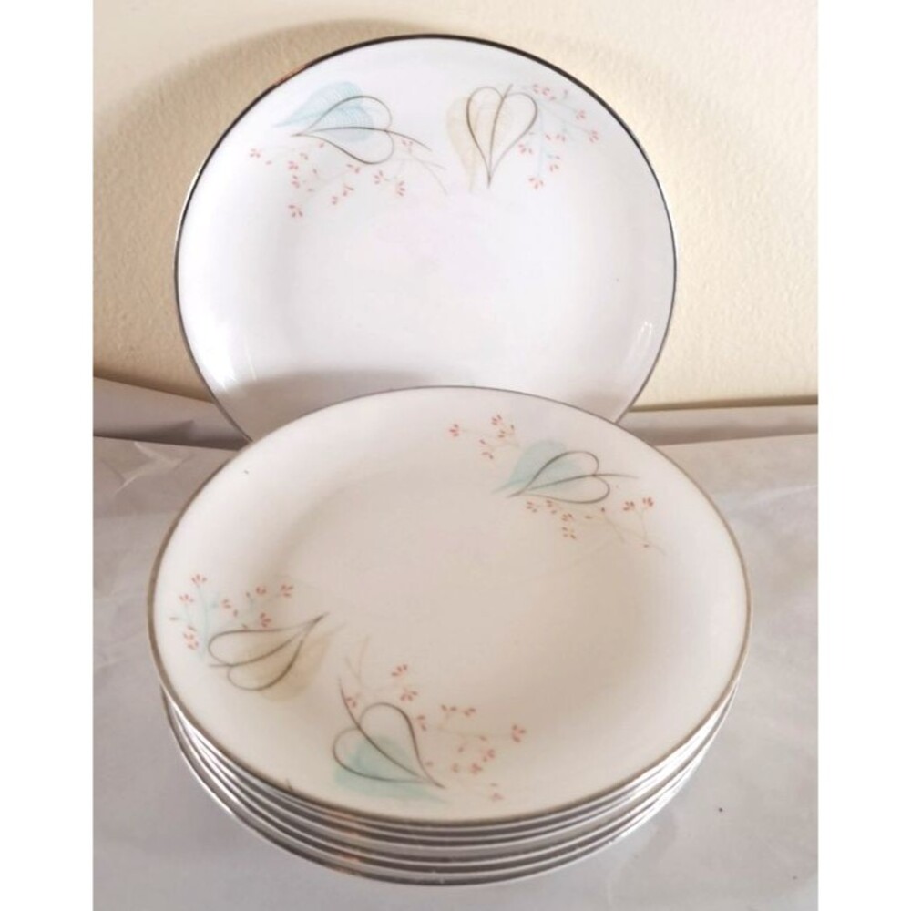 Homer Laughlin Triumph Woodland Small Bread Plates Set Of 7 MCM Aqua Pink Retro